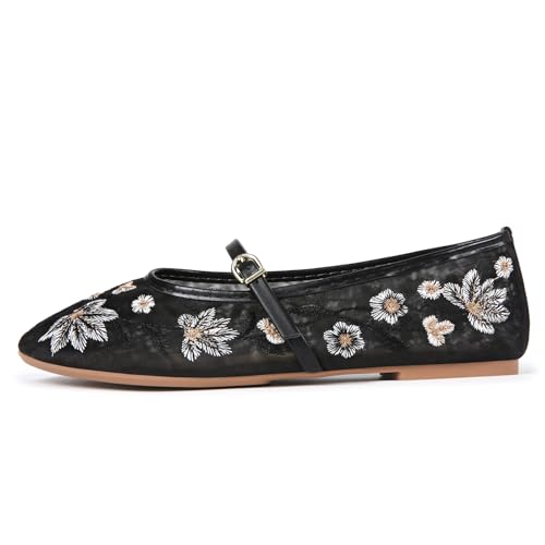 Image of MRKEWUNEY Mesh Ballet Flats for Women Embroidered Floral Round Toe Mary Jane