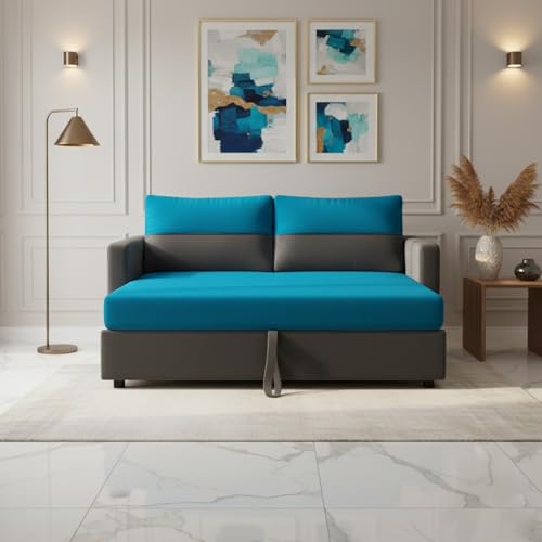 Image of SOCOZI Enrique 2-Seater Pull-Out Sofa Cum Bed | Soft Velvet Suede Fabric, Convertible Sofa Bed for Bedroom (Dark Grey-Aqua Blue)