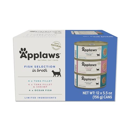 Applaws Fish Variety Pack Wet Cat Food in Broth 12-Pack High Protein Limited Ingredient Grain Free Canned Cat Food No Fillers No Artificial Additives (12 x 5.5 oz Cans)