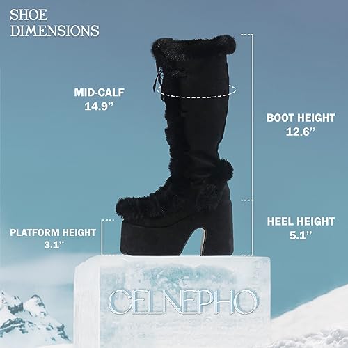 CELNEPHO Knee High Boots For Womens Side Zipper Warm Faux Fur Platform Chunky Heel Punk Goth Walking Winter Snow Boots4