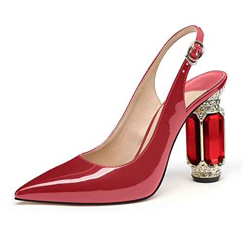 Image of JANSEVEN Women Chunky Heels Pumps Crystal Block Heels with Rhinestones Pointed Toe Sexy Gradient Patent Leather Slip on Bridal Party Wedding Dress Shoes 5-13 M US