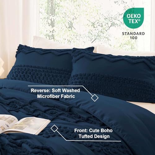 Image of Luxudecor Navy Blue Boho Tufted Comforter Set Queen Size 3 Pieces Boho Shabby Chic Comforter Farmhouse Embroidery Bedding Set Soft Comforter for All Seasons (Navy Blue, 90''x90'')