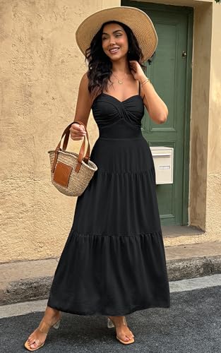 Image of ECOWISH Women's Summer Strapless Maxi Dress 2026 Off Shoulder Hollow Out Smocked A Line Tube Tiered Long Dresses