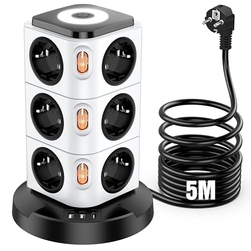 Multiprise Electrique, Acodot 16 en 1 Multiprise avec Dispositif de Protection Contre la Foudre Intégré et Interface de Charge Rapide USB T-C Intelligente,Veilleuses, 5M Câble Bland