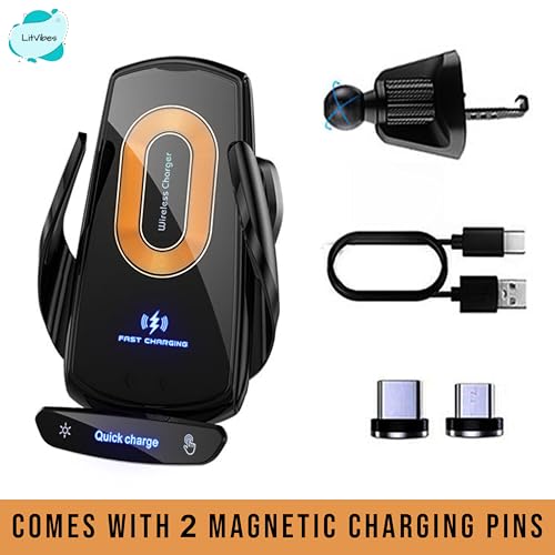 Image of Car Wireless Charger, Automatic Clamping Car Mount 15W Wireless Charging Car Mobile Holder 360 Rotatable, Compatible with Magsafe,iPhones & All Wireless Charge Enabled Phones - Black