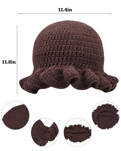Image of Women Crochet Bucket Hat Cute Winter Ruffled Brim Floppy Cap Handmade Knit Cloche Hats