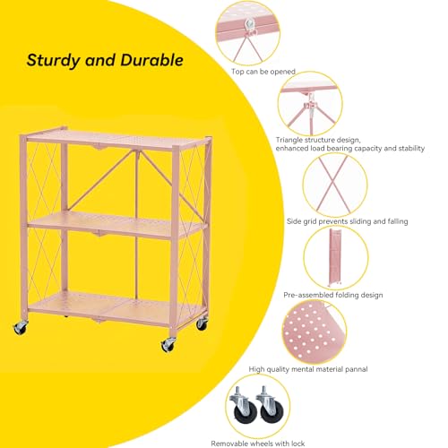 Image of BRIAN & DANY 3-Tier Foldable Storage Shelves with Wheels, No Assembly Folding Shelf Metal Rack, Shelving Unit for Kitchen, Garage, Pink