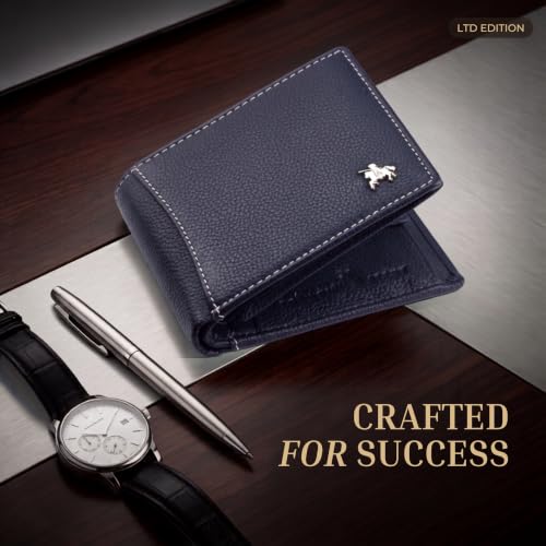 Image of LONDON ALLEY Slavia Blue Leather Wallet for Men, 6 Card Slot | RFID Protected