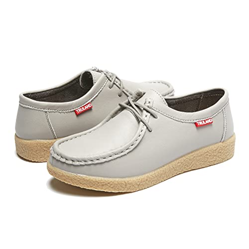 Image of TRULAND Women's Casual Moccasin Shoes - Suede Leather Lace Up Flat Wallabees Oxford Shoes, Light Grey Leather, 5.5 UK
