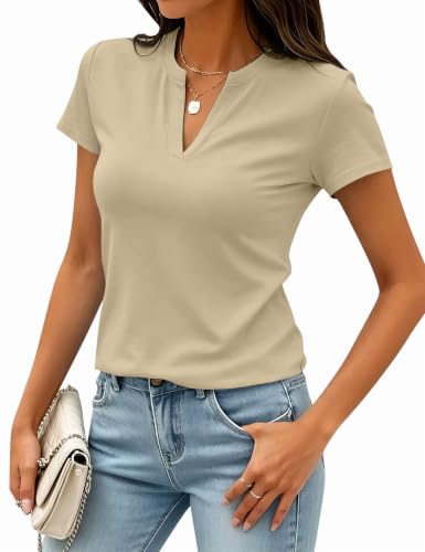 Image of Meetrendi Women's V Neck T Shirts Cap Sleeve Slim Fit Cotton Casual Tops