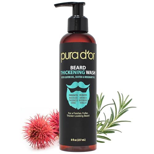 PURA D'OR 8 Oz Thickening Beard Wash - Biotin & Castor Oil Formula with Rosemary - Helps Enhance Moisture, Thickness & Shine, Helps Reduces Dryness & Breakage - For Men