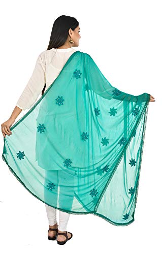 Image of YOUTHQUAKE Flower Embroidered Diamond Work Chiffon Dupatta for Womens & Girls With 4 Side Lace