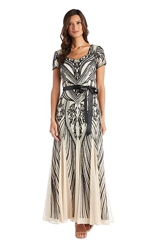 R&M Richards Womens Sequined Belted Evening Dress
