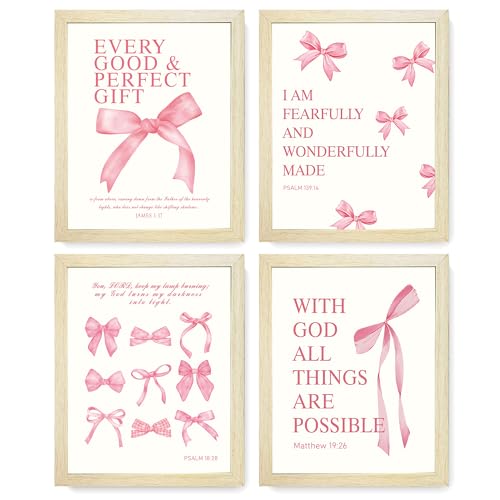 LARTSFRO Coquette Pink Bow Wall Art Decor Posters, Pink Bow Room Bedroom Bathroom Dorm Wall Art Decor Aesthetic for College Teen Girls Gifts, Inspirational Bible Verses Bow Wall Decor, 10x8 Inch Set of 4 Pcs Bow Pictures (WOOD-GRAIN IMITATION FRAMED)