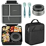 Bento Lunch Box Set for Kids with 8oz Soup Thermo, Leak-Proof Lunch Containers with 4 Compartment, Kids Thermo Hot Food Jar and Insulated Lunch Bag for Kid to School-Black