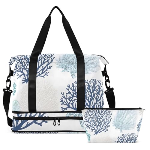 Blue Coral Sea Beach Gym Bag for Women Sport Travel Duffel Bag Shoulder Weekender Overnight Bags with Wet Pocket & Shoe Compartment2