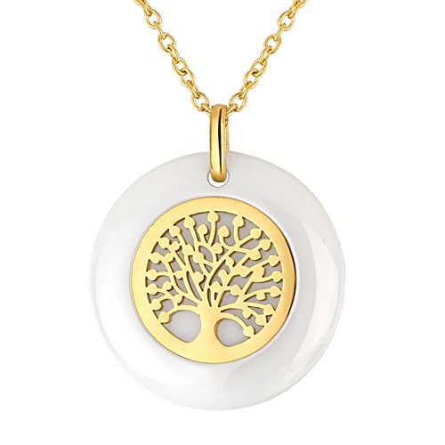 Flongo Collier Pendentif pour Femme Arbre de Vie Creux Céramique Exquis Acier Inoxydable Or Cadeaux pour Nouvel an Noël