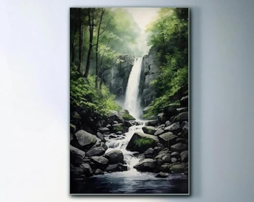 Toile forêt brumeuse décoration ferme rustique cascade émeraude 50x70