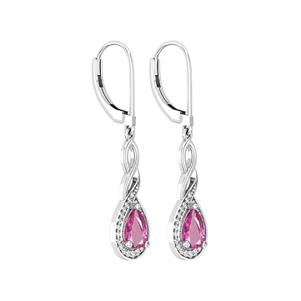 Dazzlingrock Collection 7x5mm Pear Lab Created Pink Sapphire & Round White Diamond Classic Halo Swirl Lever Back Dangle Earrings for Women in 925 Sterling Silver - Image 4