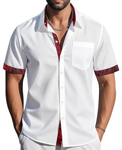 Barry.Wang Mens Short Sleeve Dress Shirts White Red Paisley Casual Button Down Collar Cuff Pocket Contrast Formal Western