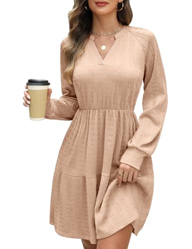 CMTOP Strickkleid Damen Herbst Elegant Kleider Langarm V-Ausschnitt Pulloverkleid Herbstkleid Gestrickt Freizeitkleider Elastische Hohe Taille Tunika...