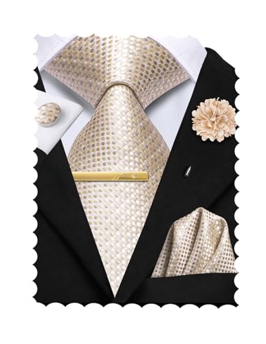 Juego de corbatas Hi-Tie para hombre, 4 piezas, corbata y pañuelo con gemelos, diseño floral, pin de solapa para bodas y negocios, beige, M
