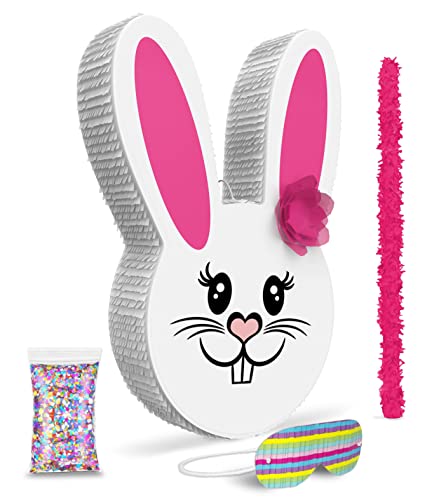 Jergrim Girl Easter Bunny Piata Bundle 17x11x 3 with stick blindfold and a small confetti bag Perfect for Easter Sunday Celebration Bunny Theme Parties Party Dcor