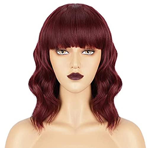 ANNA SHOP Peluca Mujer Onda Natural con Flequillo, Pelucas Pelo Ondulado Peluca Roja, Pelucas Rizadas Cortas, Pelucas Mujer Corta Ondulada Vino Rojo Pelo Natural con Flequillo 16in Cover
