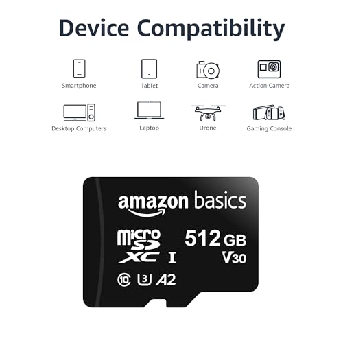 Image of Amazon Basics microSDXC Memory Card with Full Size Adapter, A2, U3, Read Speed up to 100 MB /s, 512GB, Black
