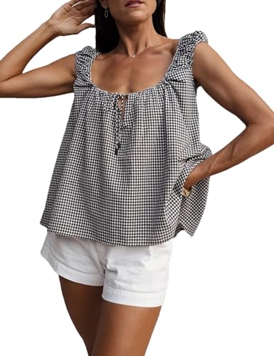 Women Tie Front Tank Tops Summer Sleeveless Square Neck Babydoll Shirts Casual Flowy Pleated Ruffle Top