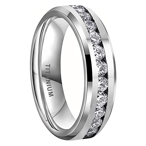 iTungsten 6mm Titanium Rings for Women Men Eternity Wedding Engagement Bands White Cubic Zirconia Inlay Beveled Edges Polished Shiny Comfort Fit