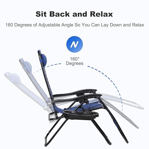 Nazhura Set of 2 Relaxing Recliners Patio Chairs Adjustable Steel Mesh Zero Gravity Lounge Chair Beach Chairs with Pillow and Cup Holder (Blue)