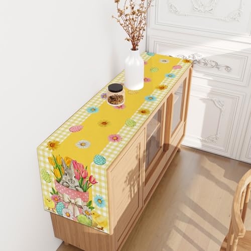 Linen-Yellow-and-White-Buffalo-Check-Plaid-Easter-Table-Runner-72-Inches-Long-Easter-Egg-Bunny-Chick-Daisy-Tulip-Floral-Table-Decor-Spring-Summer-Easter-Home-Kitchen-Dining-Room-Table-Decorations Linen Yellow and White Buffalo Check Plaid Easter Table Runner 72 Inches Long Easter Egg Bunny Chick Daisy Tulip Floral Table Decor Spring Summer Easter Home Kitchen Dining Room Table Decorations