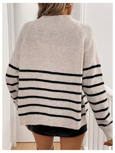 MakeMeChic Women's Striped Crew Neck Sweater Cardigans Button Down Long Sleeve Knitted Cardigan2