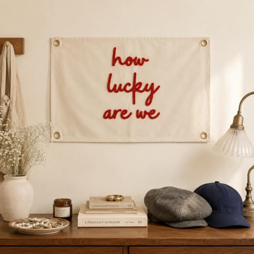 Image of How Lucky Are We Embroidered Banner, Fabric Wall Hanging Decor