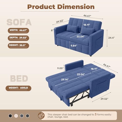 Image of Nebuaegis Sleeper Sofa Bed,3-in-1 Convertible Pull Out Couch with Adjustable Backrest for Living Room,Loveseat Sofa Bed with Side Pockets,Easy Assembly,Blue,1 PCS