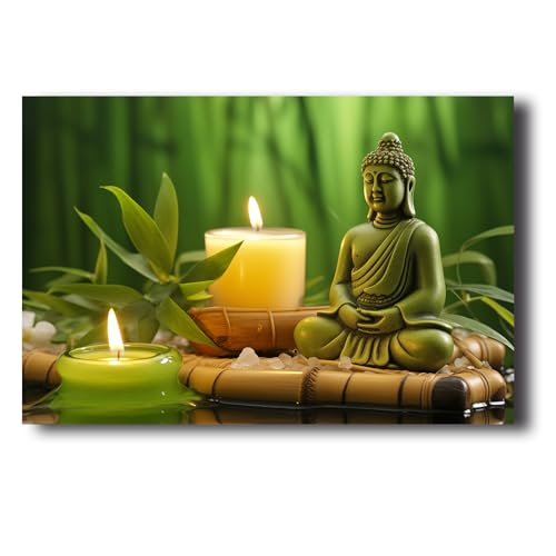 LZIMU Zen Canvas Wall Art Buddha & Green Bamboo Candle