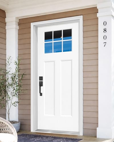 KHSHOW Fiberglass Entry Door, 36'' x 80" with Brickmould,Vinyl Frame,White Primed, Right Hand Inswing, Front Entry Knock-Down Door, 2-Panel Craftsman, 6-Lite Low-E Glass