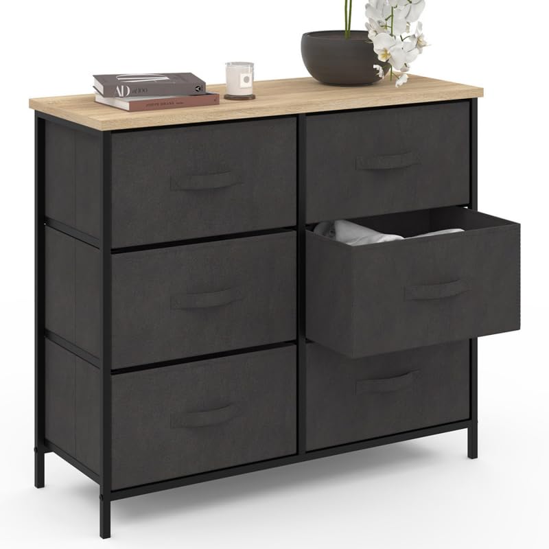 IDMarket - Cómoda con 6 cajones de tela alta 80 cm, gris antracita y bandeja efecto madera diseño industrial