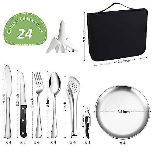Camping Silverware Kit Cutlery Organizer Utensil Picnic Set Stainless Steel Plate Spoon Clip and Serrated Knife Wine Opener Fork Napkin Hiking - Camp Kitchen BBQ’s - Image 3