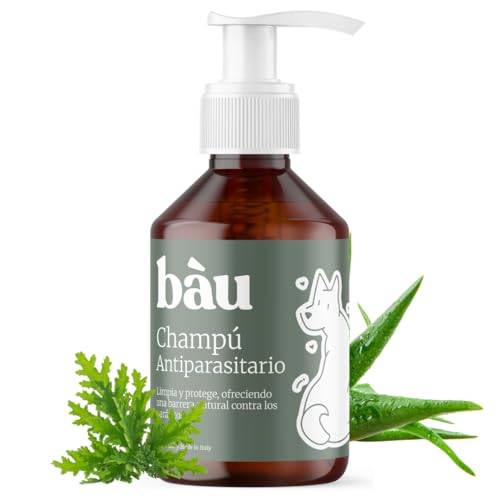BAU Champú Antiparasitario para Perros con Aceite de Neem y Aloe Vera, Protección 100% Natural contra Pulgas y Garrapatas, Champú Antipulgas para Perros y Cachorros Suave con la Piel (250 ml)