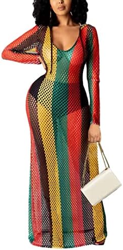 Women Rainbow Strip Long Sleeve Hollow Out Fishnet Crochet Maxi Dress Bathing Suit Swimwear Cover Ups Rainbow Strip XL
