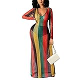 Women Rainbow Strip Long Sleeve Hollow Out Fishnet Crochet Maxi Dress Bathing Suit Swimwear Cover Ups Rainbow Strip M