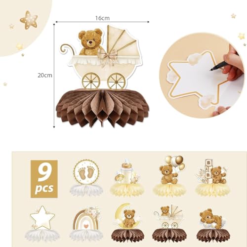 Miniatura 2 de Yuvkin 9 Piezas Decoración De Mesa Para Baby Shower, Centro De Mesa Con Base De Panal, Motivo De Oso Marrón De Nacimiento, Fiesta Baby Shower, Adornos Y Mesa Recién Nacida, Cumpleaños
