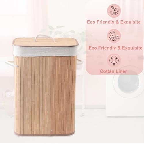 Image of Kuber Industries 72 Ltr Rectangular Bamboo Laundry Basket For Clothes With Lid | Washing Clothes Storage Bag & Laundry Box - Light Brown