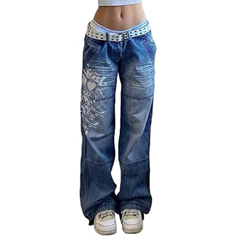 Onsoyours Damen Jeanshosen Vintage Jeans Hohe Taille Jeans Y2K Style Denim Hose Baggy Jeans Weites Bein Gerade Lose Harajuku E-Girl Streetwear Lässig Hosen A Blau S Cover