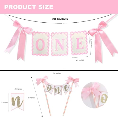 Image of Pink and White Bow ONE High Chair Banner and Cake Topper Sweet Pink Bow Highchair Garland One Happy Birthday Highchair Photo Prop