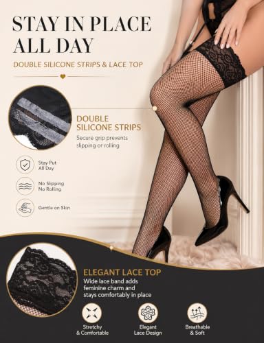 Image of ohyeah Women Fishnet Plus Size Thigh High Stockings XS-5XL Silicone Stay Up Lingerie Lace Top Pantyhose Hosiery