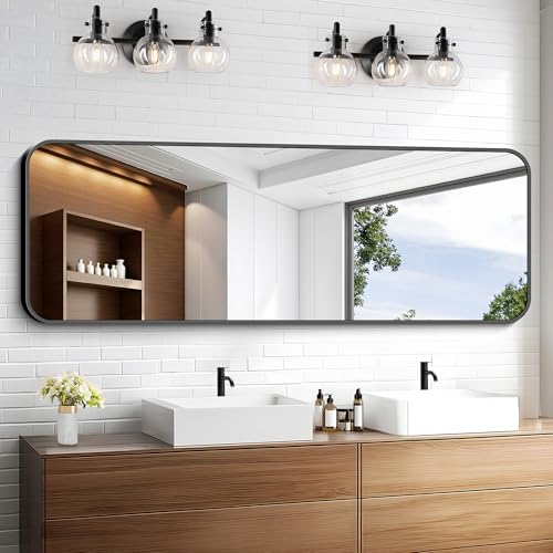 Image of KOCUUY 60 inchx20 inch Full Length Wall Mirror, Large Black Vanity Mirror with Rounded Corner & Metal Frame, Modern Design for Bathroom, Living Room, Entryway, Hang Horizontal /Vertical