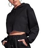 Tomwell Damen Crop Hoodie Teenager Mädchen Bauchfrei Kapuzenpullover Langarm Kurz Hoodie Sweatshirt Crop Pullover Tops Kapuzenpulli mit Kordel und Taschen A Schwarz S